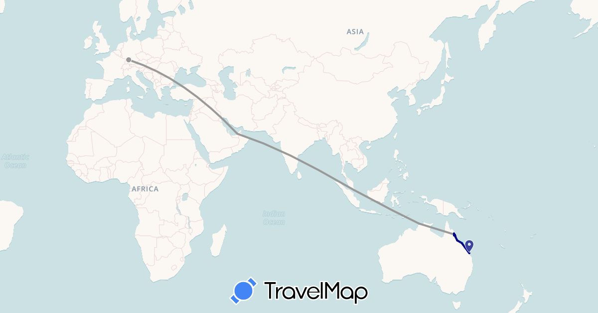 TravelMap itinerary: driving, plane, boat in United Arab Emirates, Australia, Germany, Singapore (Asia, Europe, Oceania)